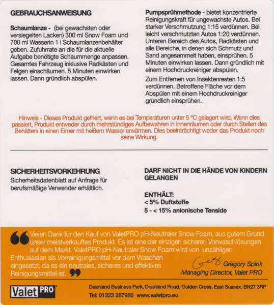 ValetPRO PH Neutral Snow Foam 1 Liter hinten