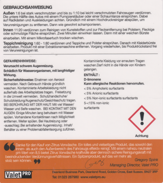 ValetPRO Citrus Pre-Wash 1 Liter hinten